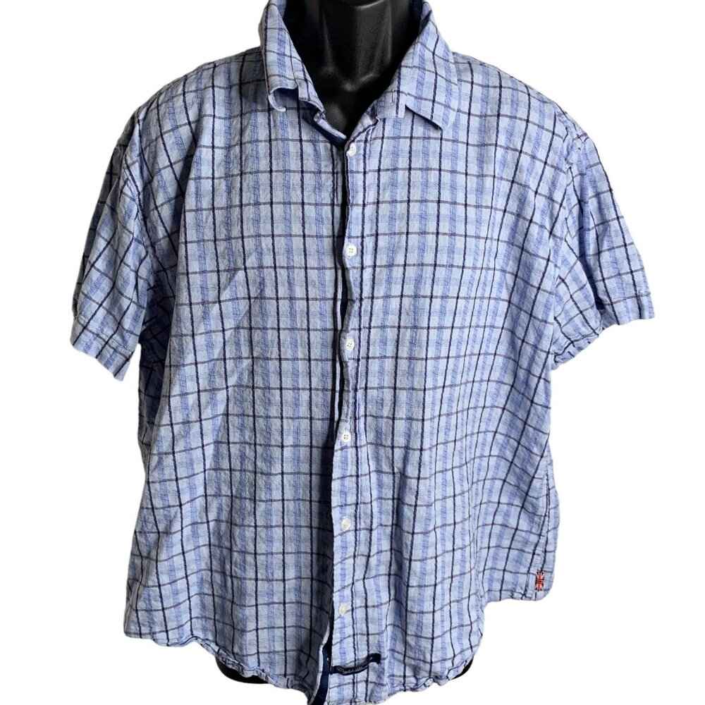 English Laundry Button Up Linen Blend Shirt XXL Blue Plaid Short Sleeve Collared